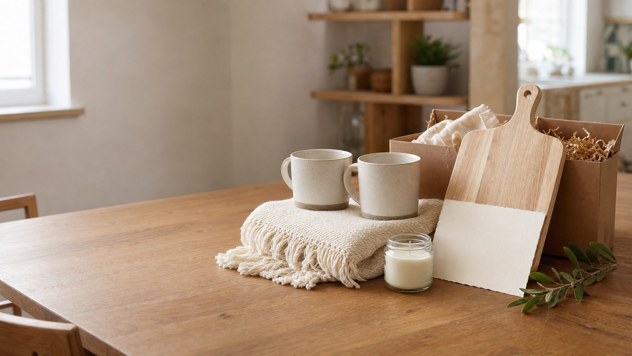 Two ceramic mugs, a soft throw, candle, cutting board, and blank card arranged as a housewarming gift for a couple