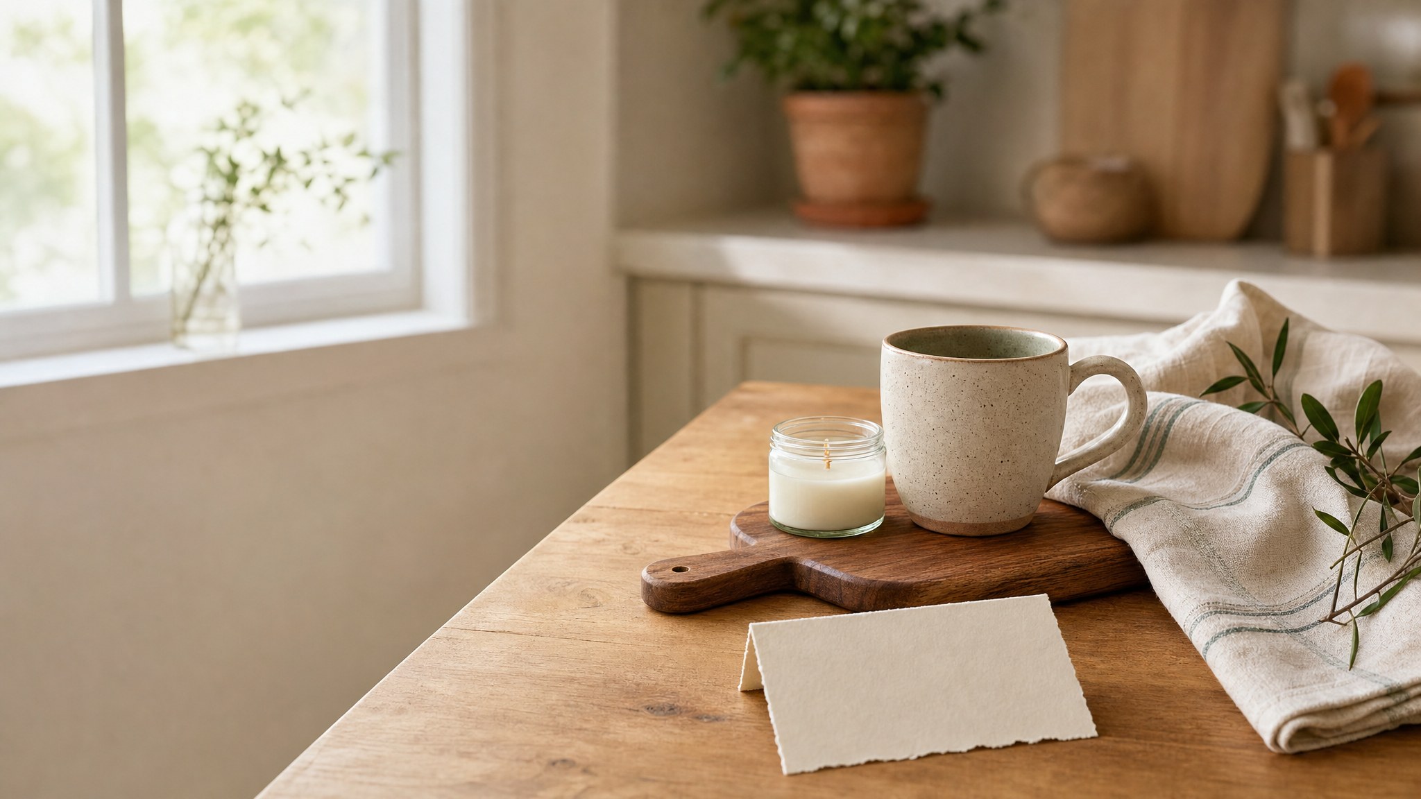 A ceramic mug, candle, linen towel, and wooden board arranged as a thoughtful housewarming gift for a friend