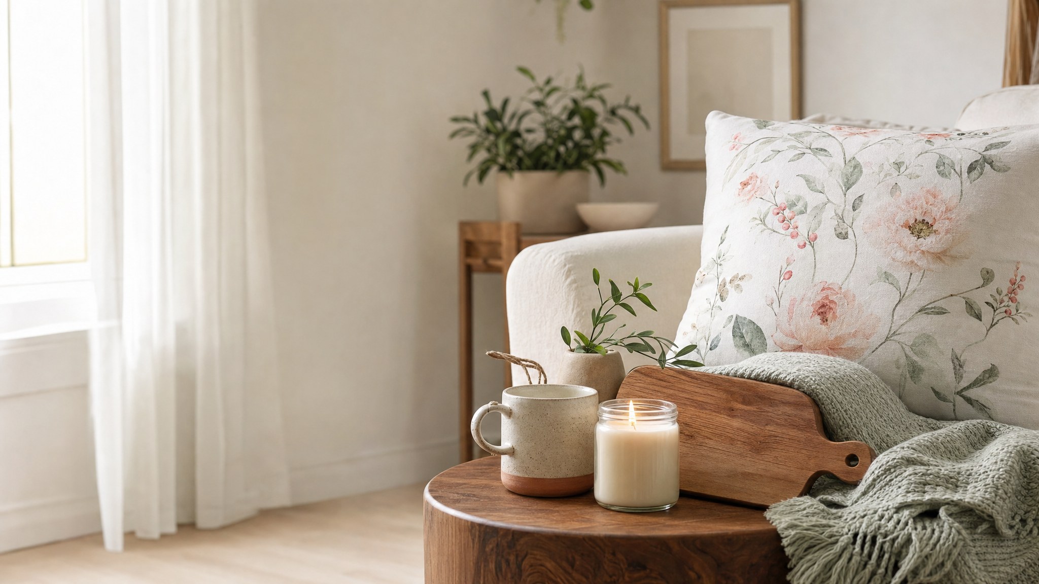 A floral pillow, ceramic mug, candle, green throw, and wooden board in a warm new-home living room