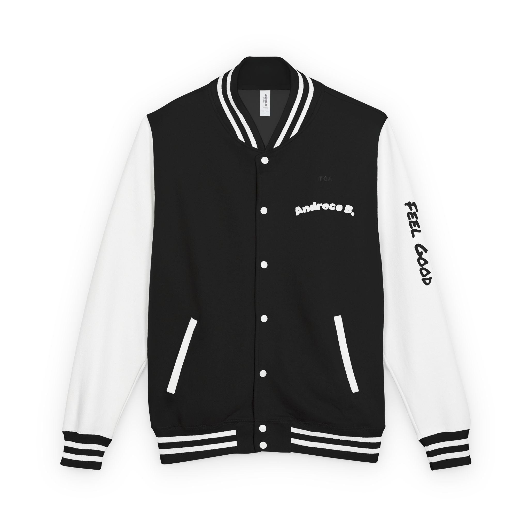 Andreco B. black and white letterman jacket