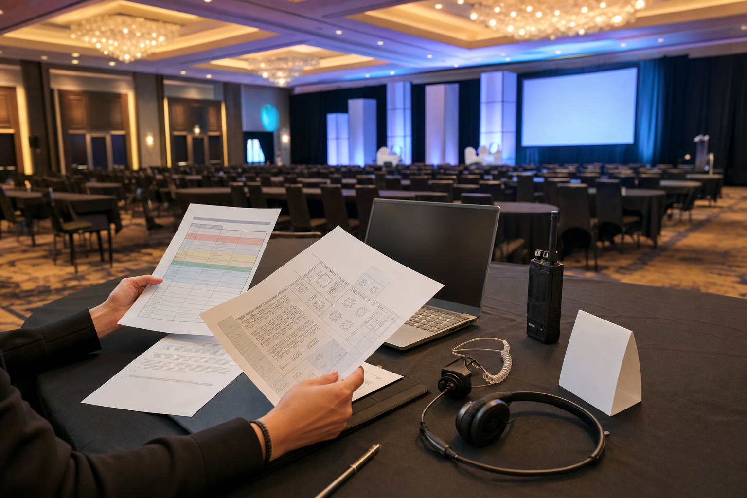 Event planner reviewing a floor plan and program materials in an empty corporate ballroom