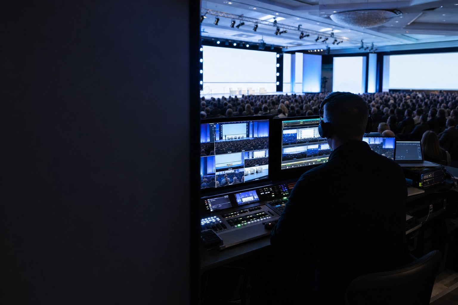 Production professional overseeing a corporate conference from the control room
