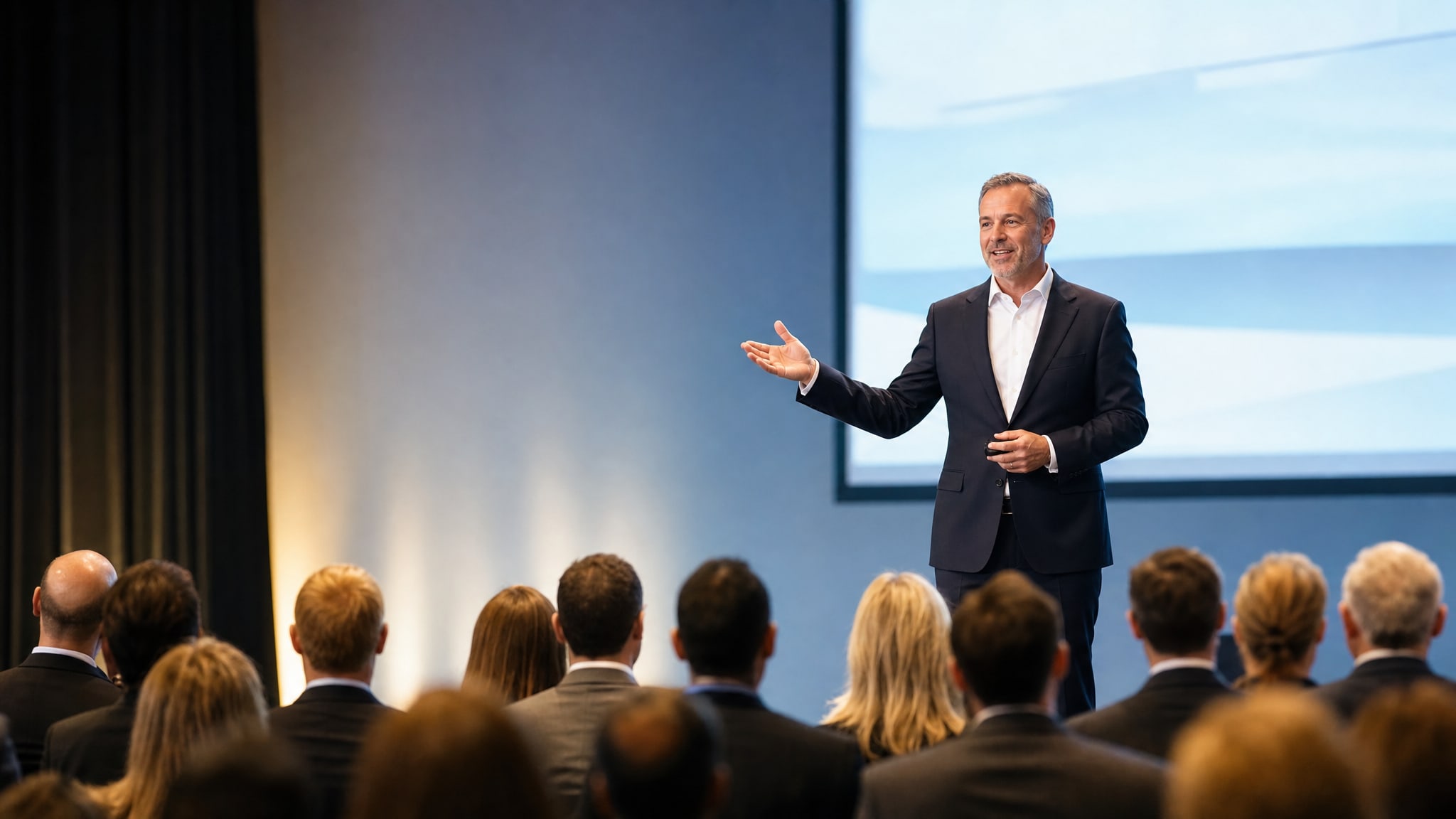 Keynote speaker addressing a business audience at a corporate conference