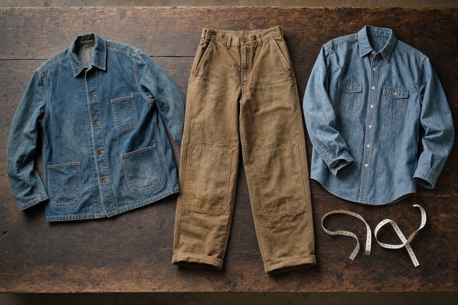 Vintage denim jacket, canvas pants and work shirt arranged with a measuring tape