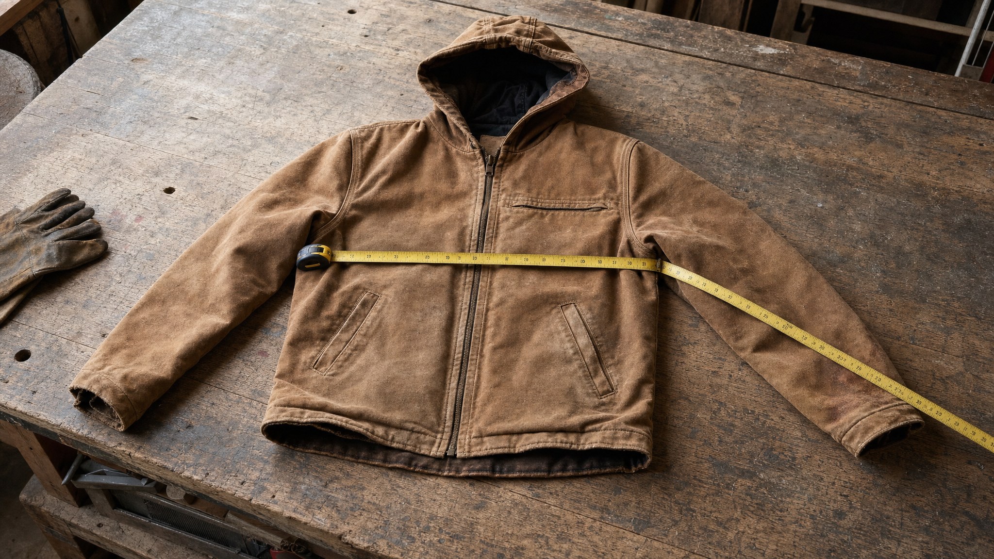Brown hooded canvas work jacket laid flat with a measuring tape