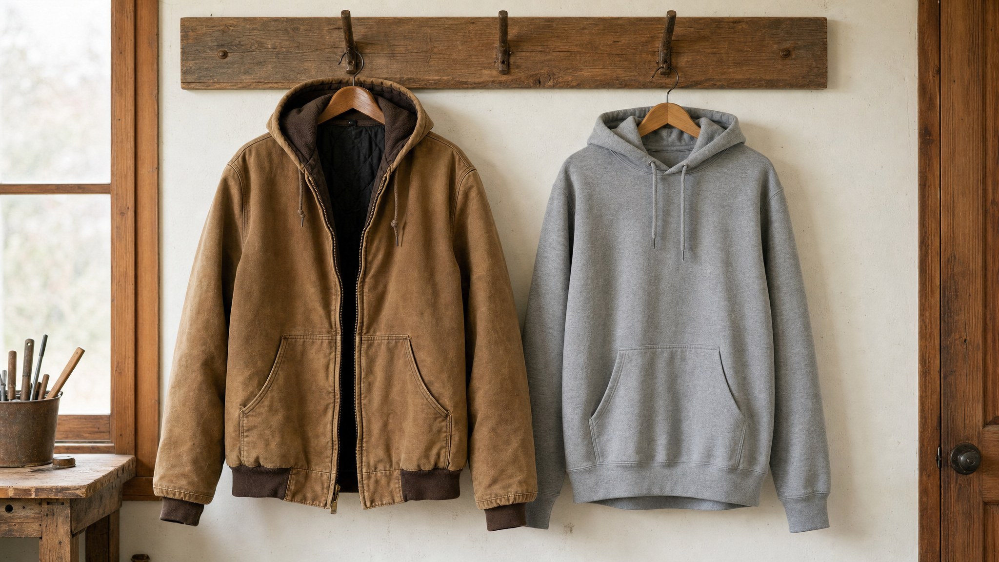 Brown canvas hooded work jacket and gray hoodie hanging side by side for a layering comparison