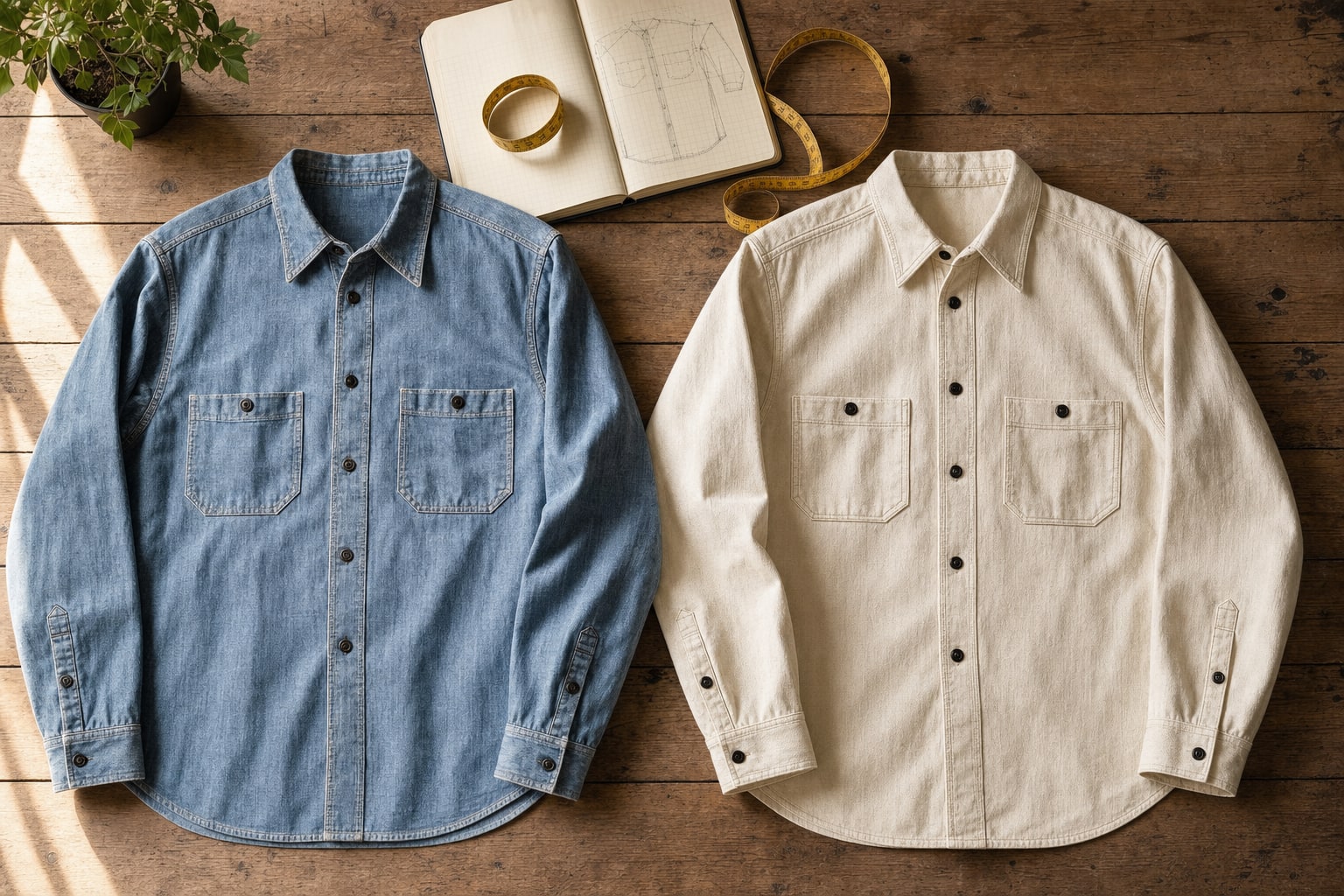 Two work shirts laid flat with a notebook and measuring tape for a fit comparison