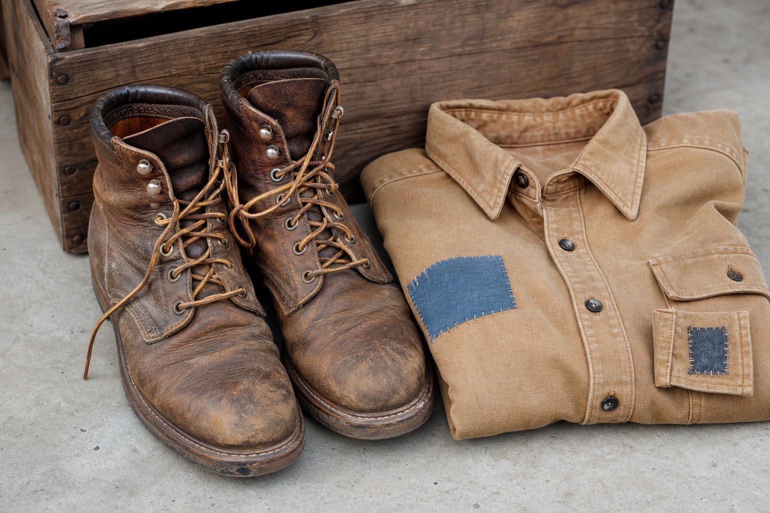 Broken-in leather work boots next to a neatly mended canvas work shirt