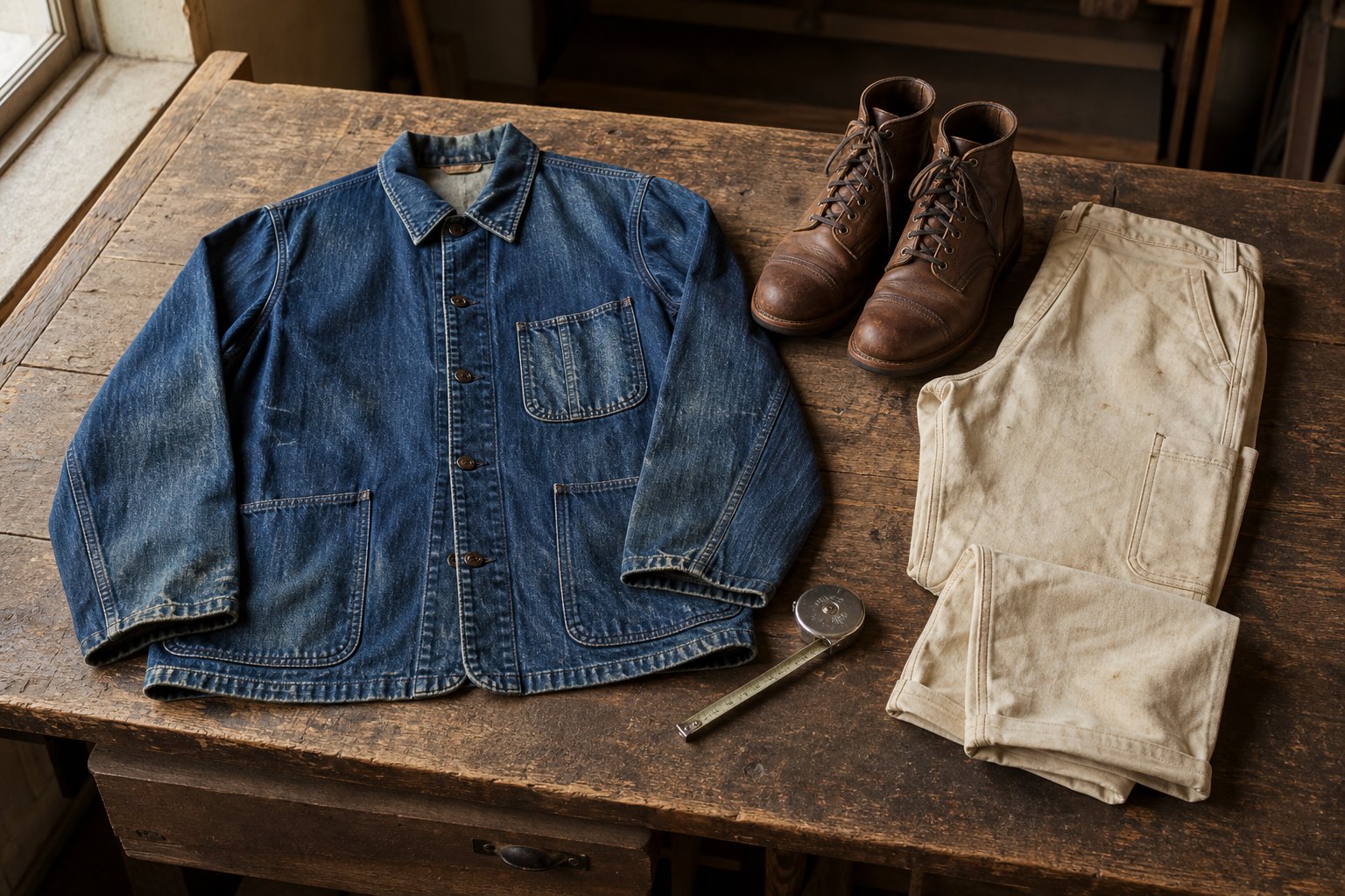 Vintage denim chore jacket and work boots on a workbench