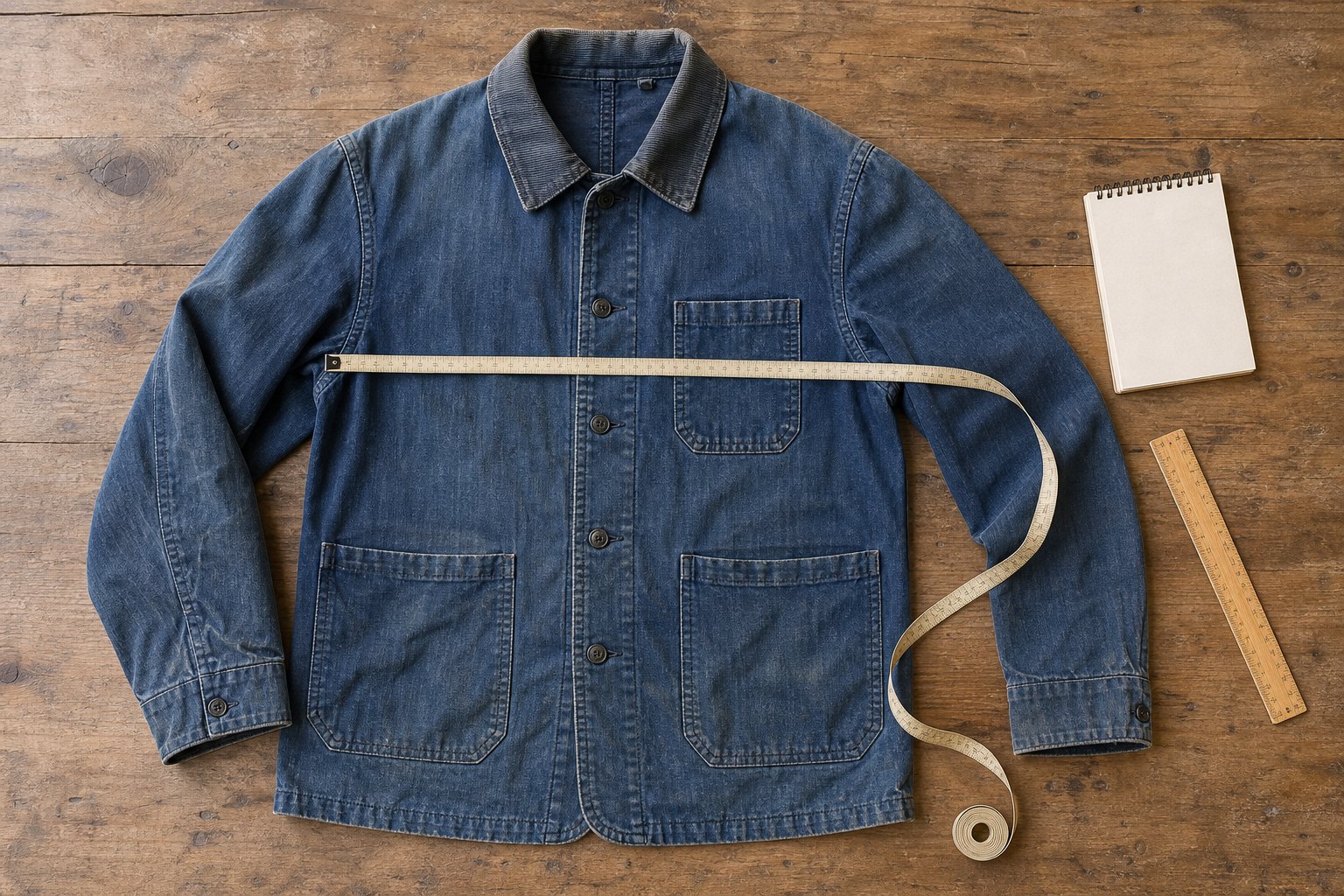 Vintage denim chore jacket measured flat across the chest and sleeve