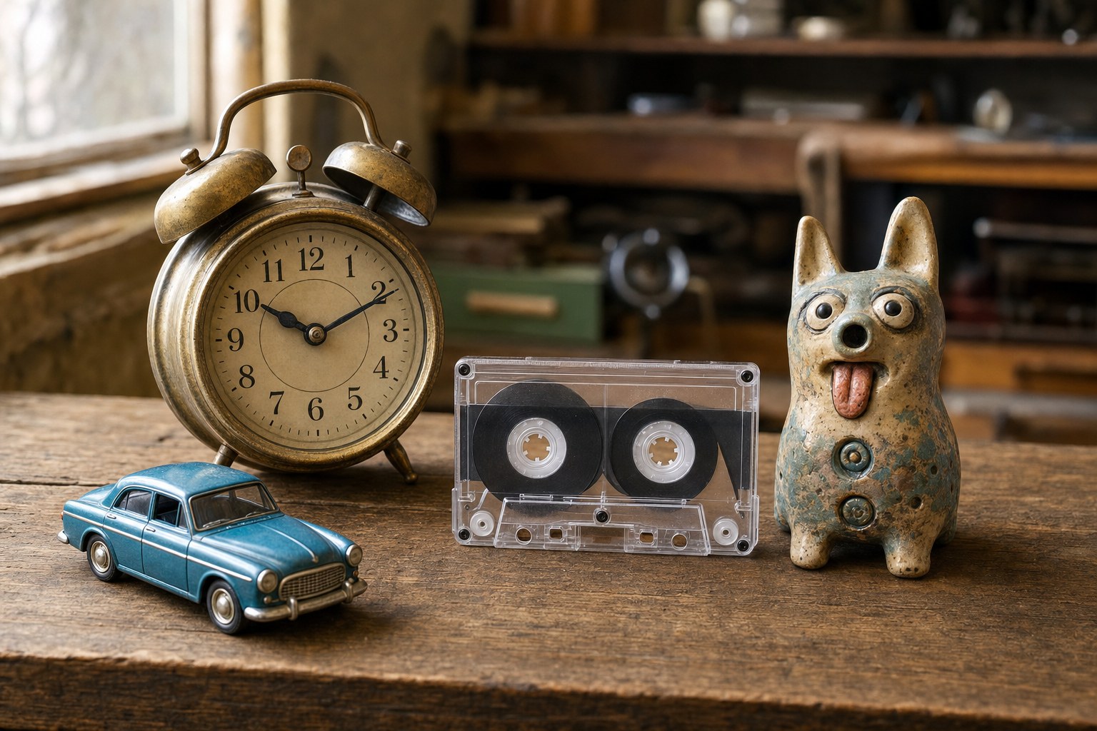 A tabletop collection of vintage objects