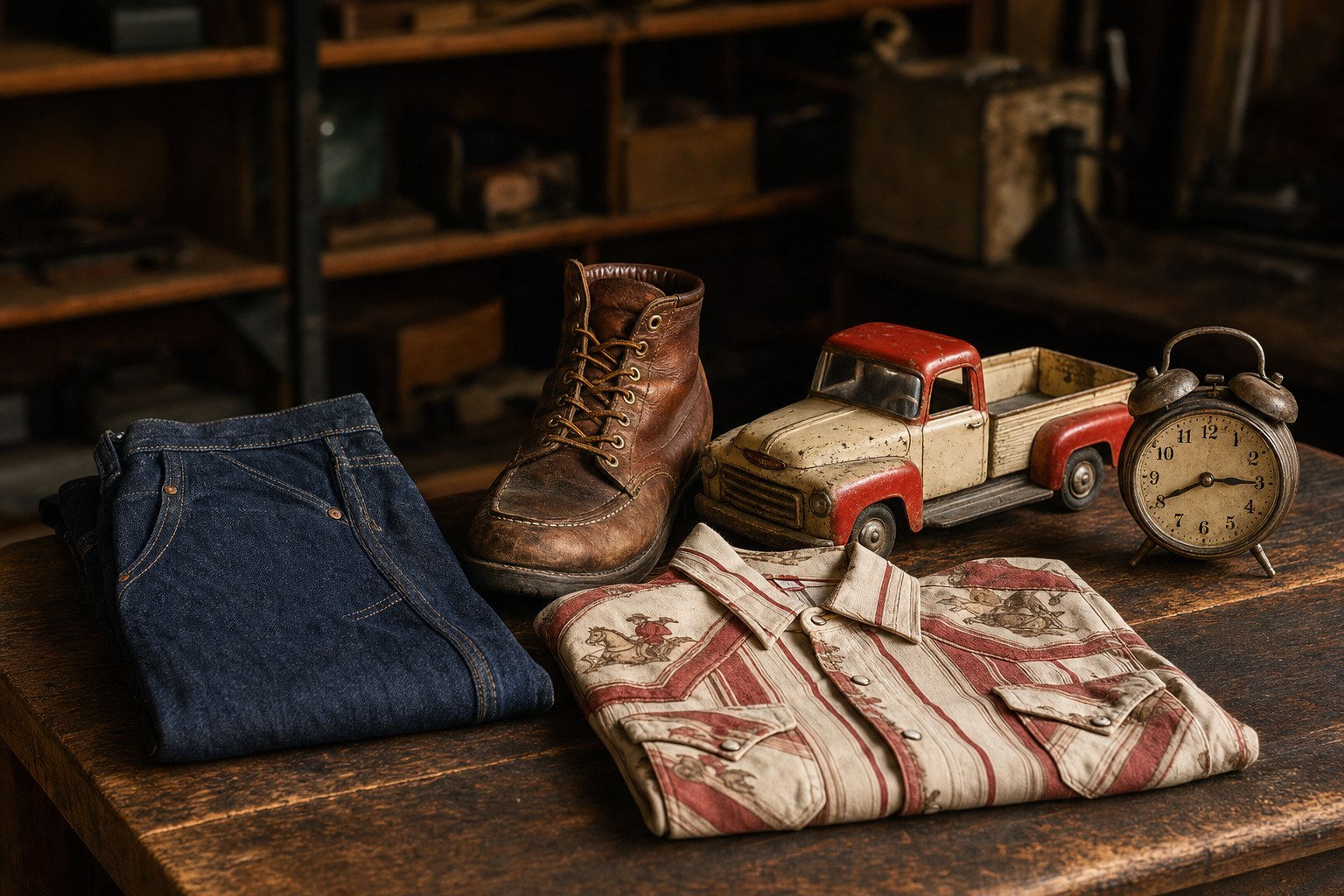 A workbench display of resale finds, including denim, boots and vintage pieces