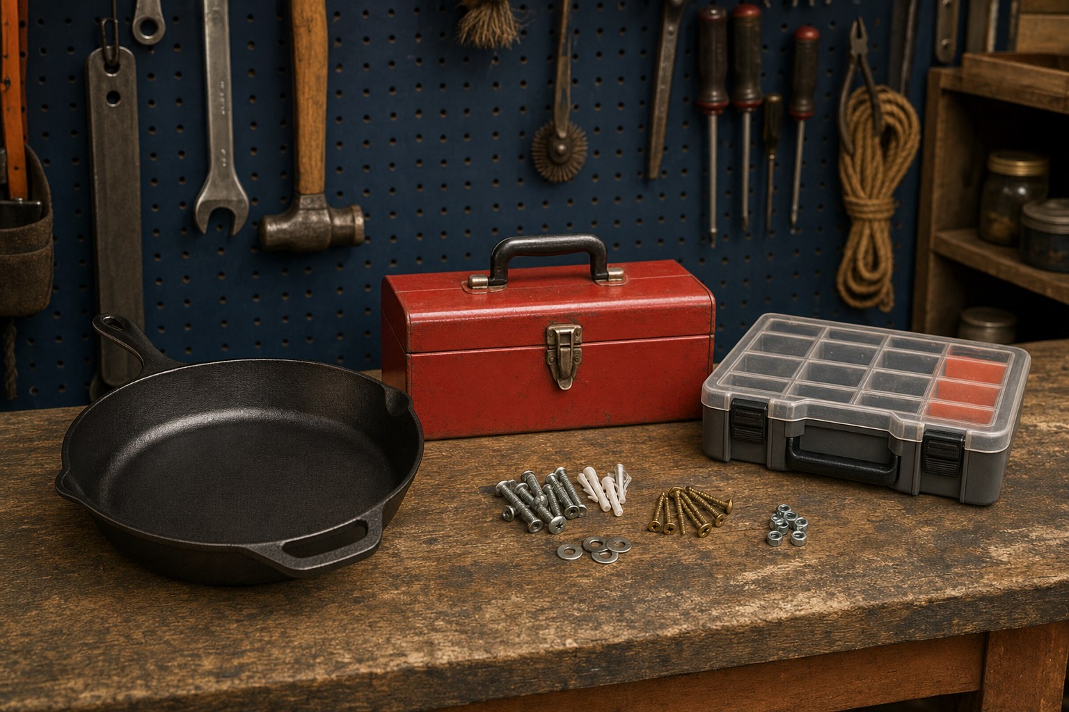 A workbench with a skillet and useful home finds