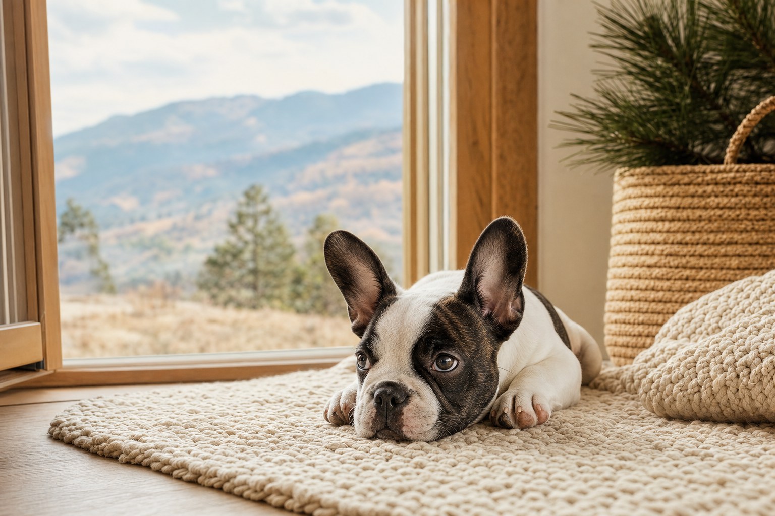 Illustrative Frenchton puppy resting in a warm Colorado home
