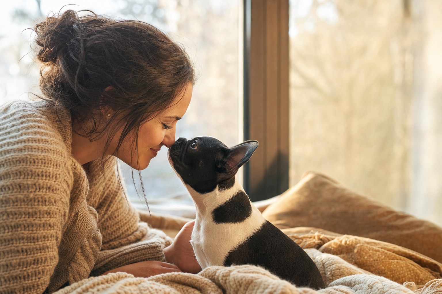 Illustrative Frenchton puppy sharing a quiet moment at home