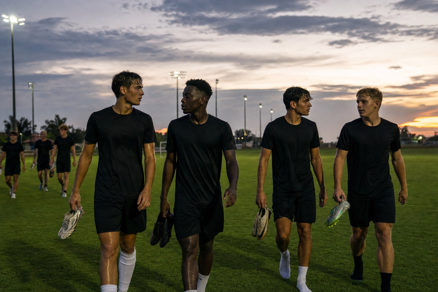 Soccer players walking from a training pitch at dusk