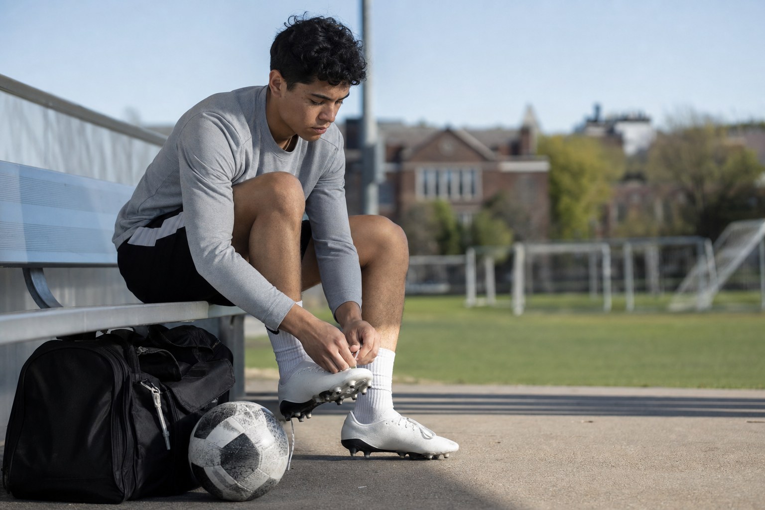 Soccer player preparing boots beside a training field
