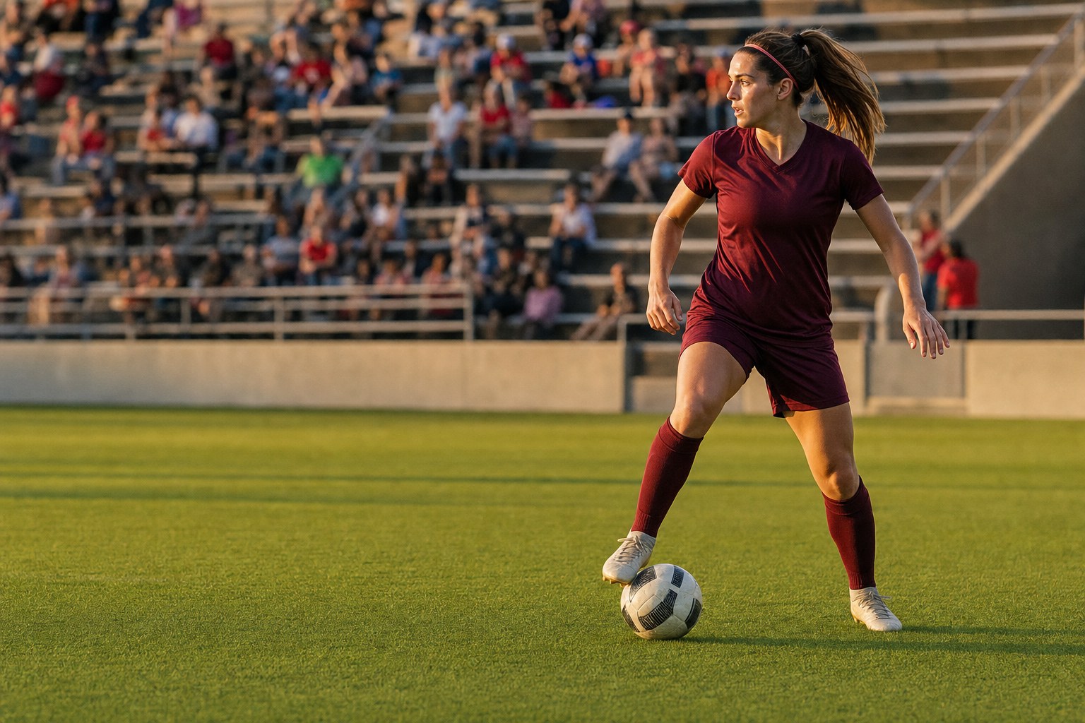 Women's soccer player controlling the ball during a match