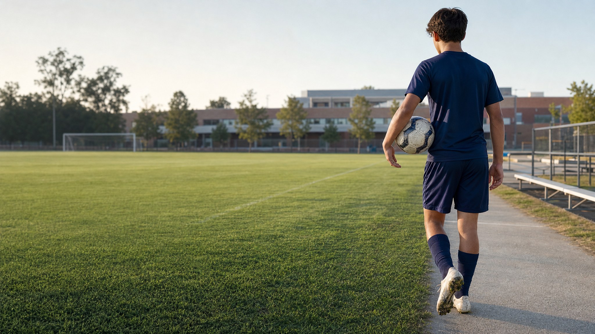 Soccer player walking toward a college training field with a ball