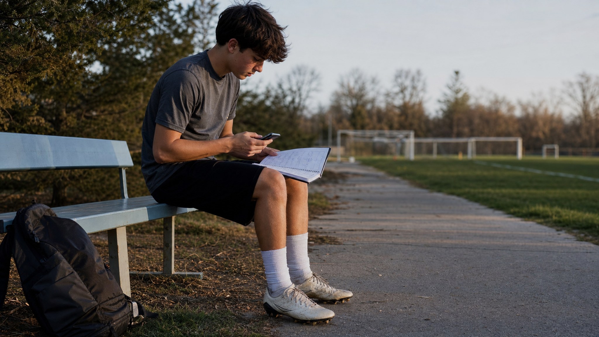 Soccer player checking an event plan beside the field