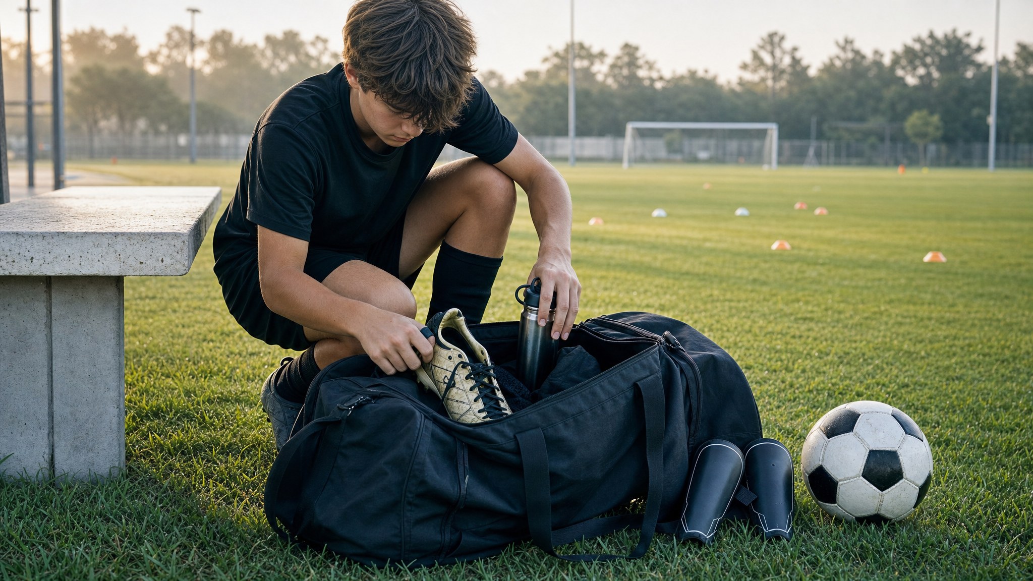 Soccer player packing a training bag beside the field