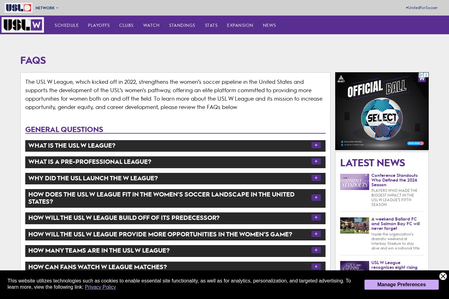 Official USL W League frequently asked questions page