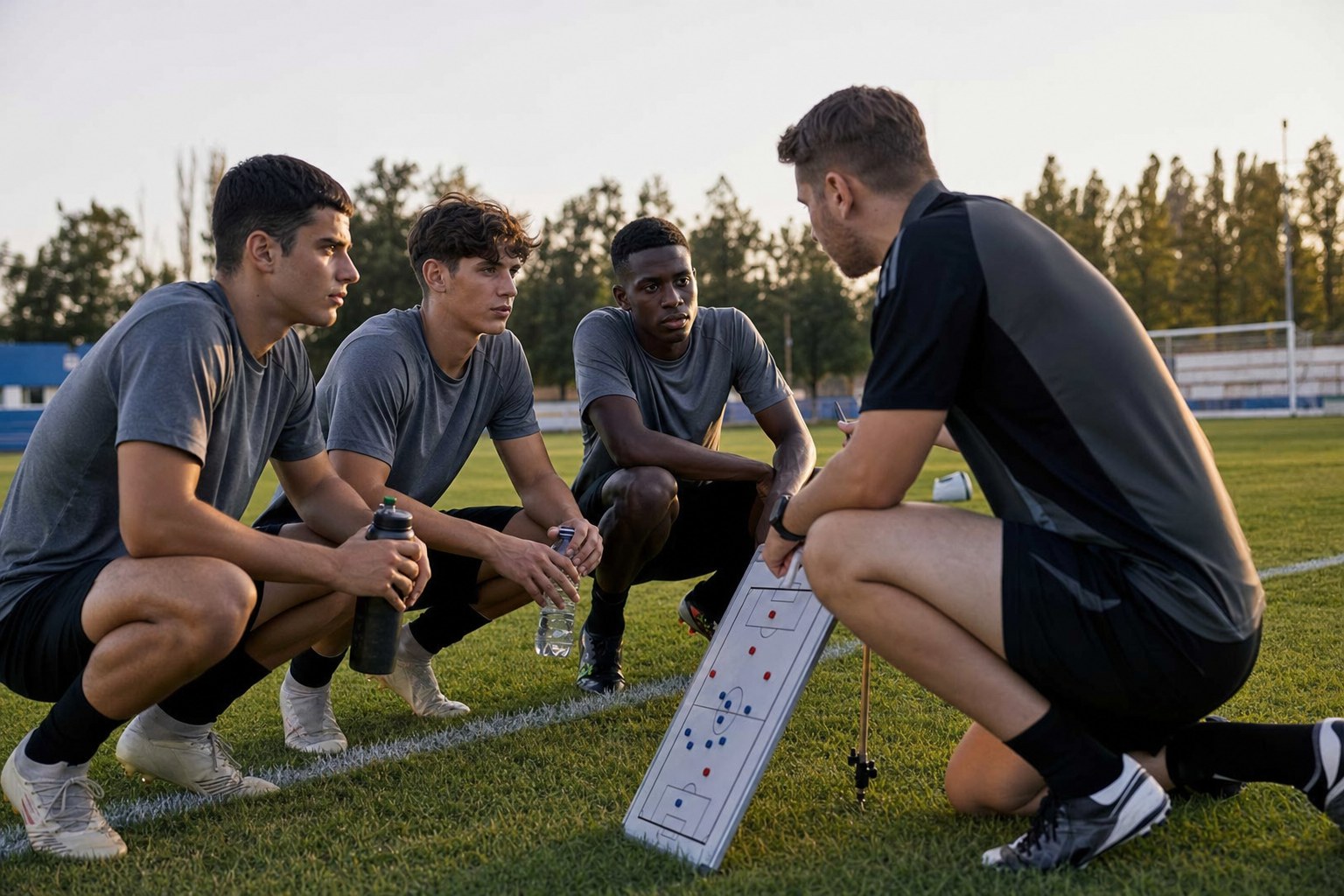 Soccer players listening to a coach before a match