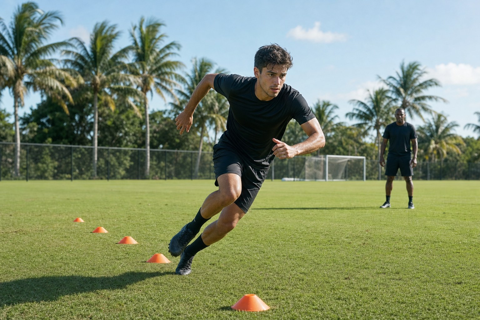 Soccer player sprinting through a cone drill on a Florida field