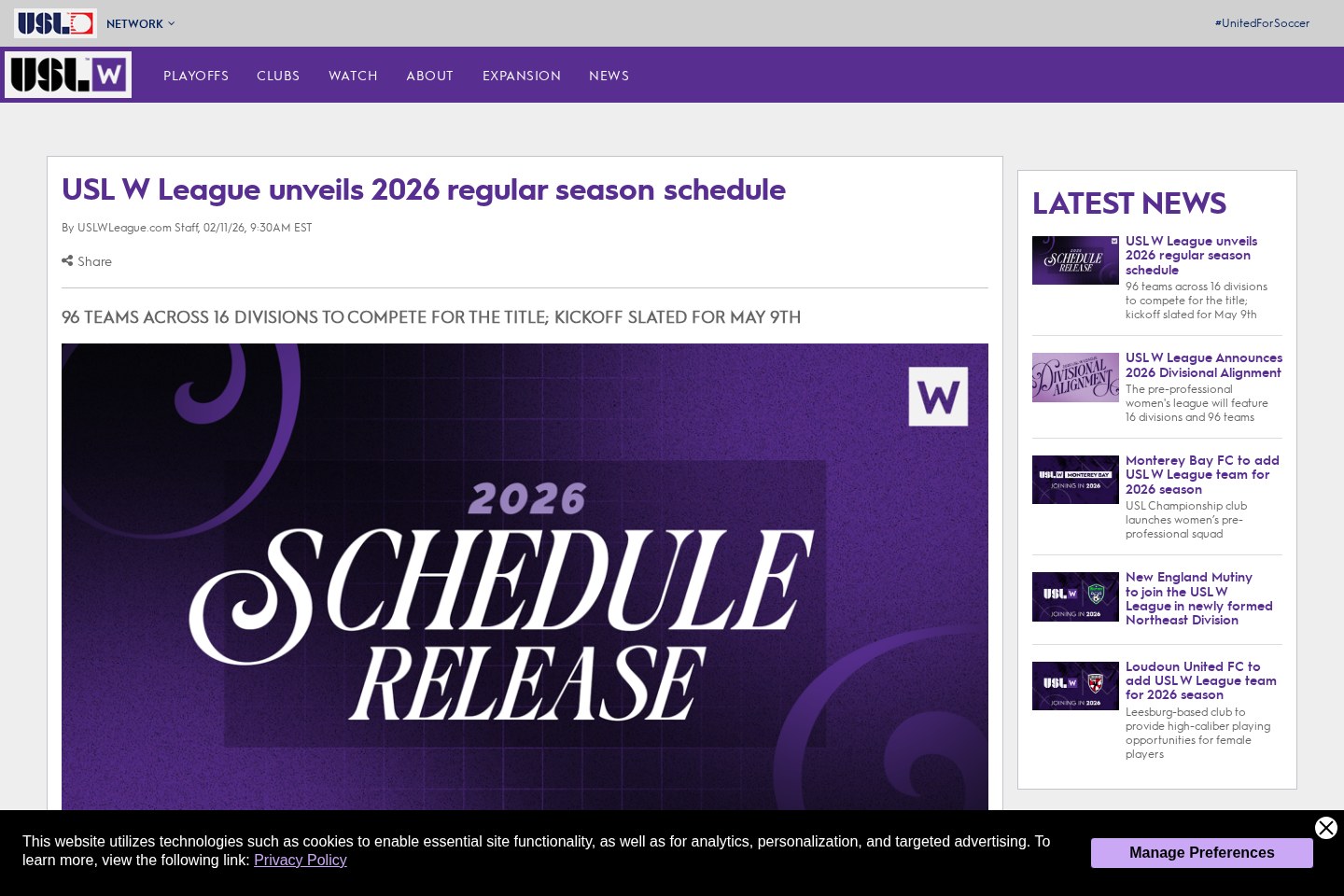 Official USL W League 2026 season schedule announcement
