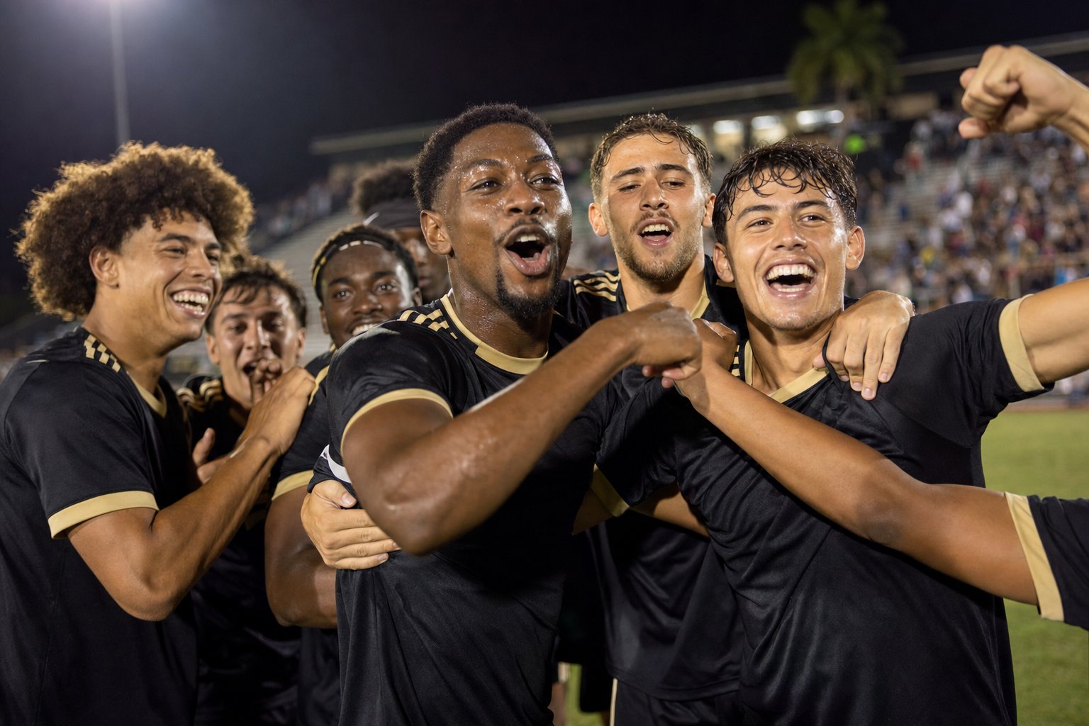 Soccer players celebrating together