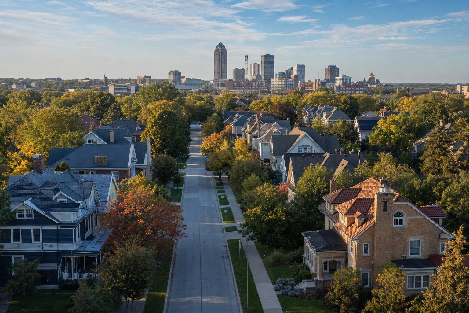 Tree-lined Des Moines neighborhood with homes and the downtown skyline beyond