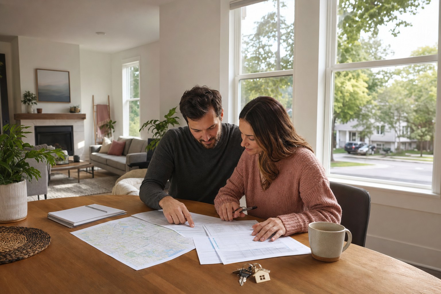 Couple reviewing home-buying paperwork and a local map at their dining table