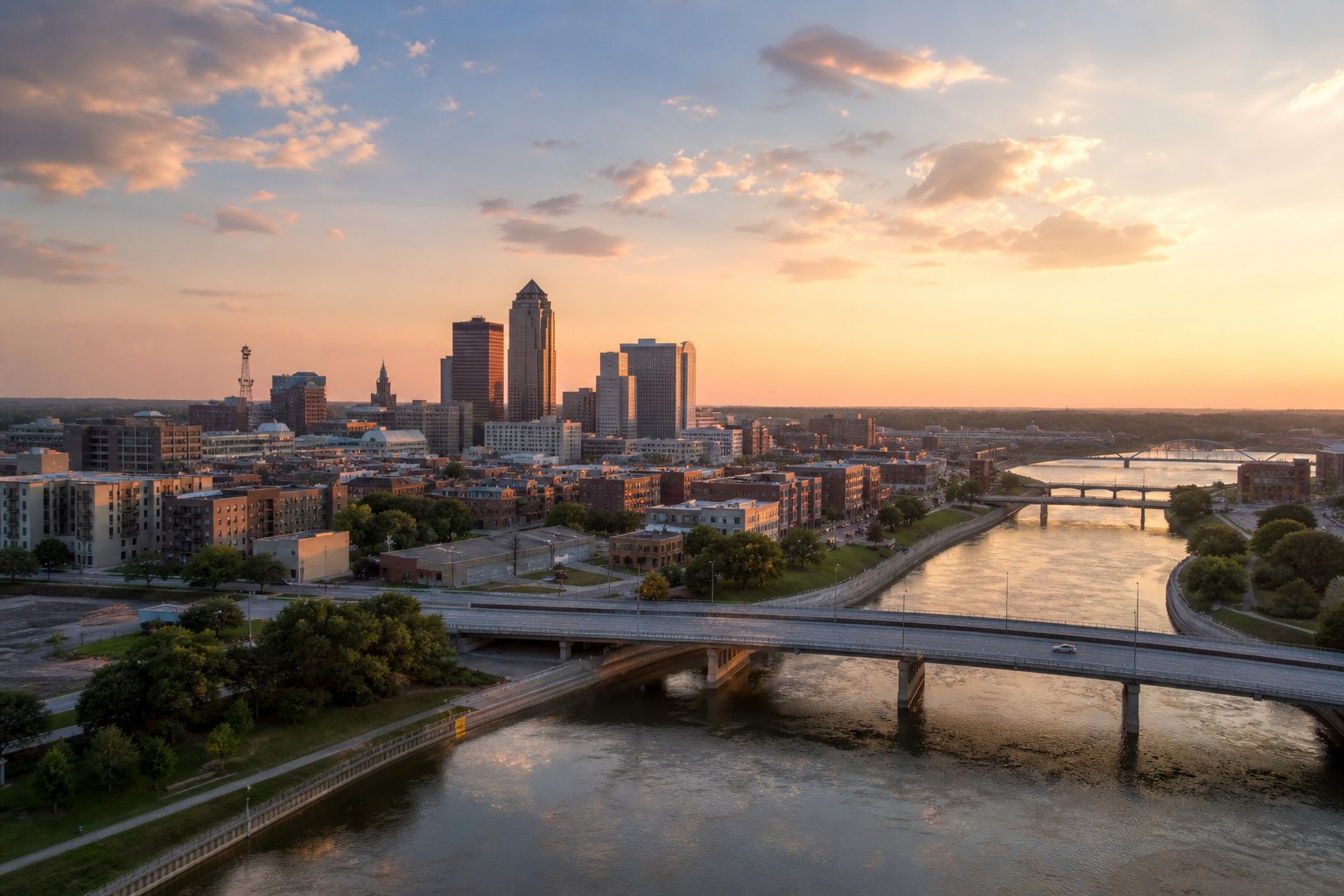 Des Moines skyline and river at sunset