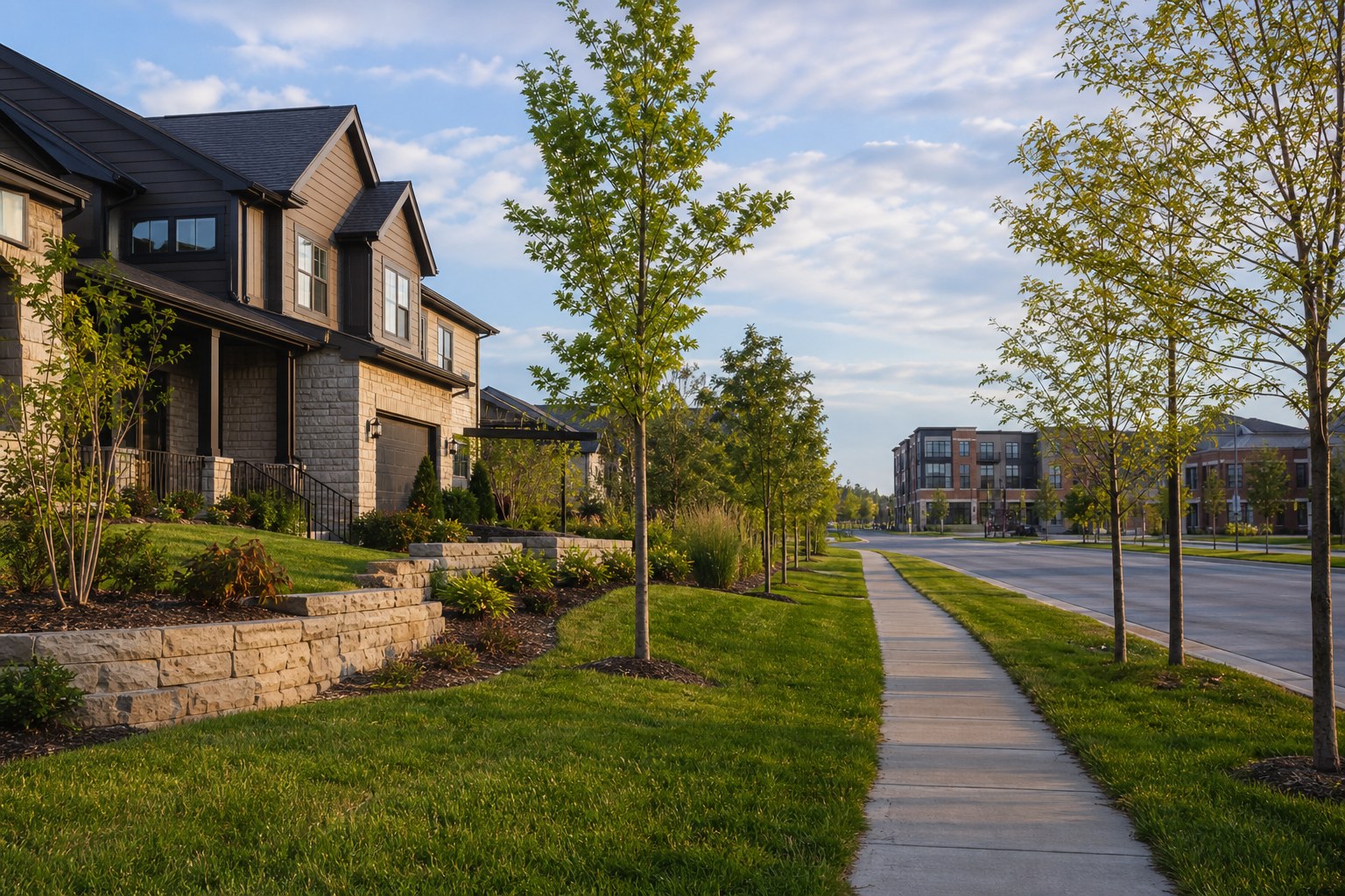 West Des Moines streetscape with newer homes and walkways