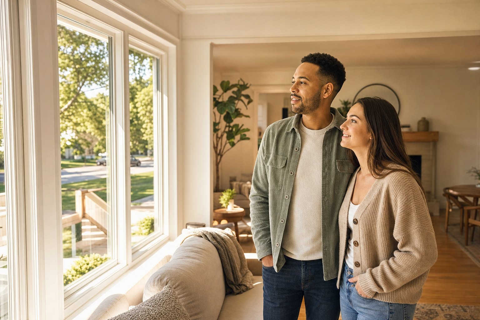 A couple exploring a sunlit Des Moines home together