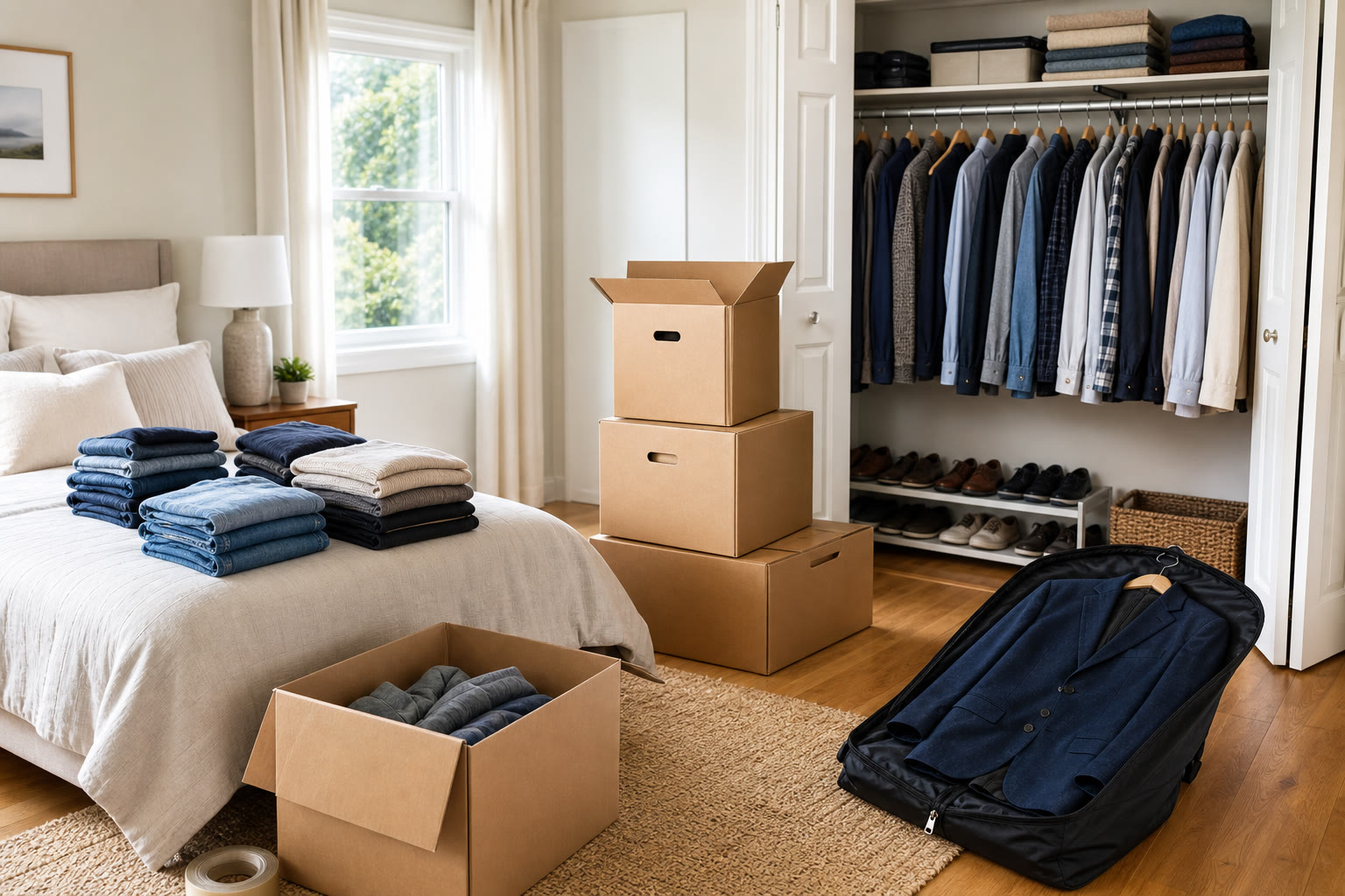 Moving boxes, folded clothing and an organized bedroom closet