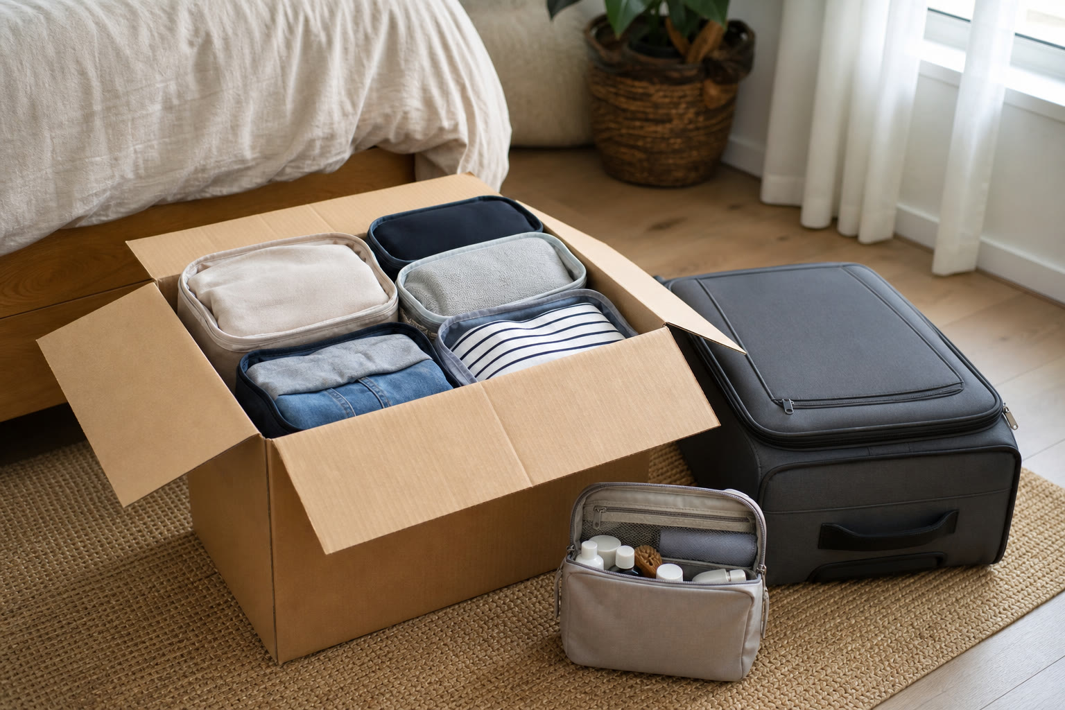 Folded clothes organized in packing cubes beside a suitcase and moving box