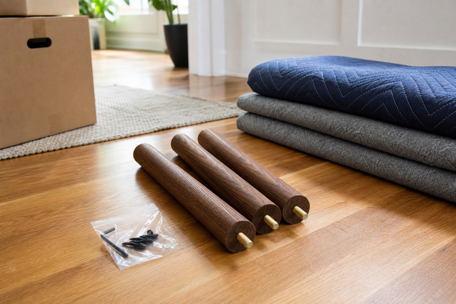 Furniture legs, hardware and moving blankets prepared for reassembly