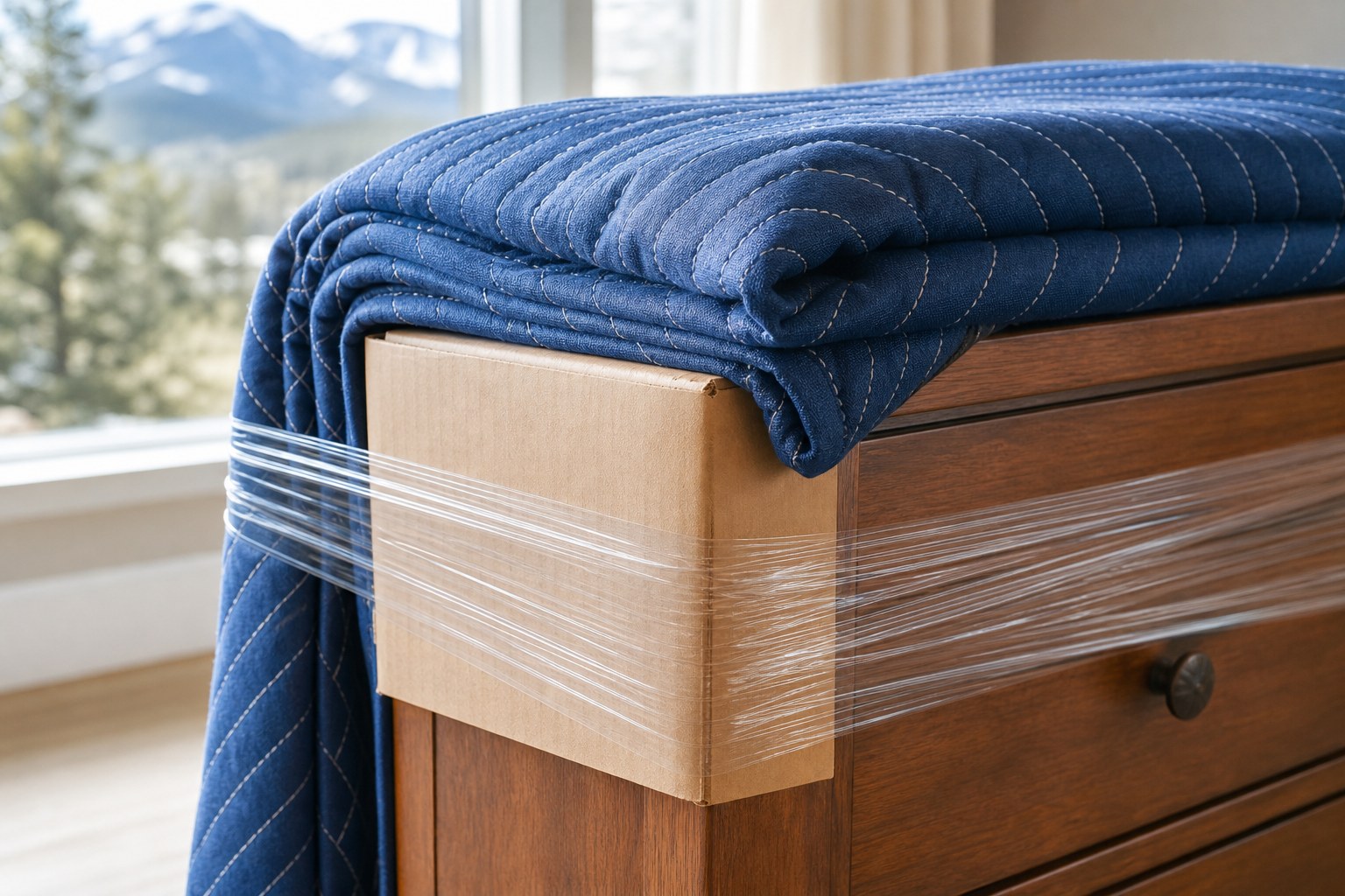 Moving blanket and cardboard corner protector secured around a wooden dresser
