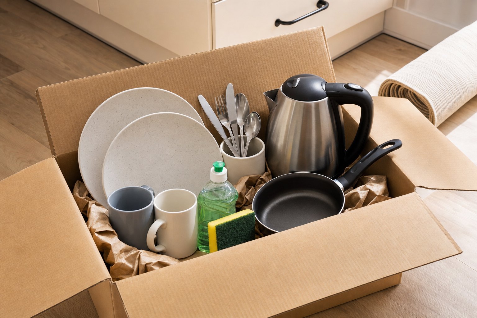 Kitchen essentials box with dishes, mugs, utensils, kettle, pan and dish soap ready for a move