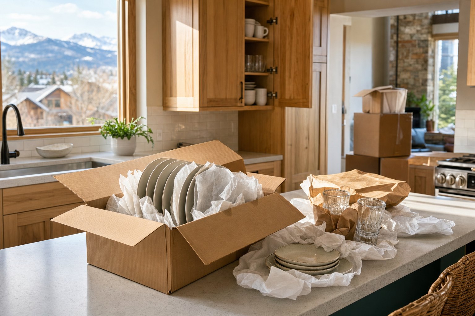 Kitchen dishes and glassware safely packed in moving boxes on a kitchen island