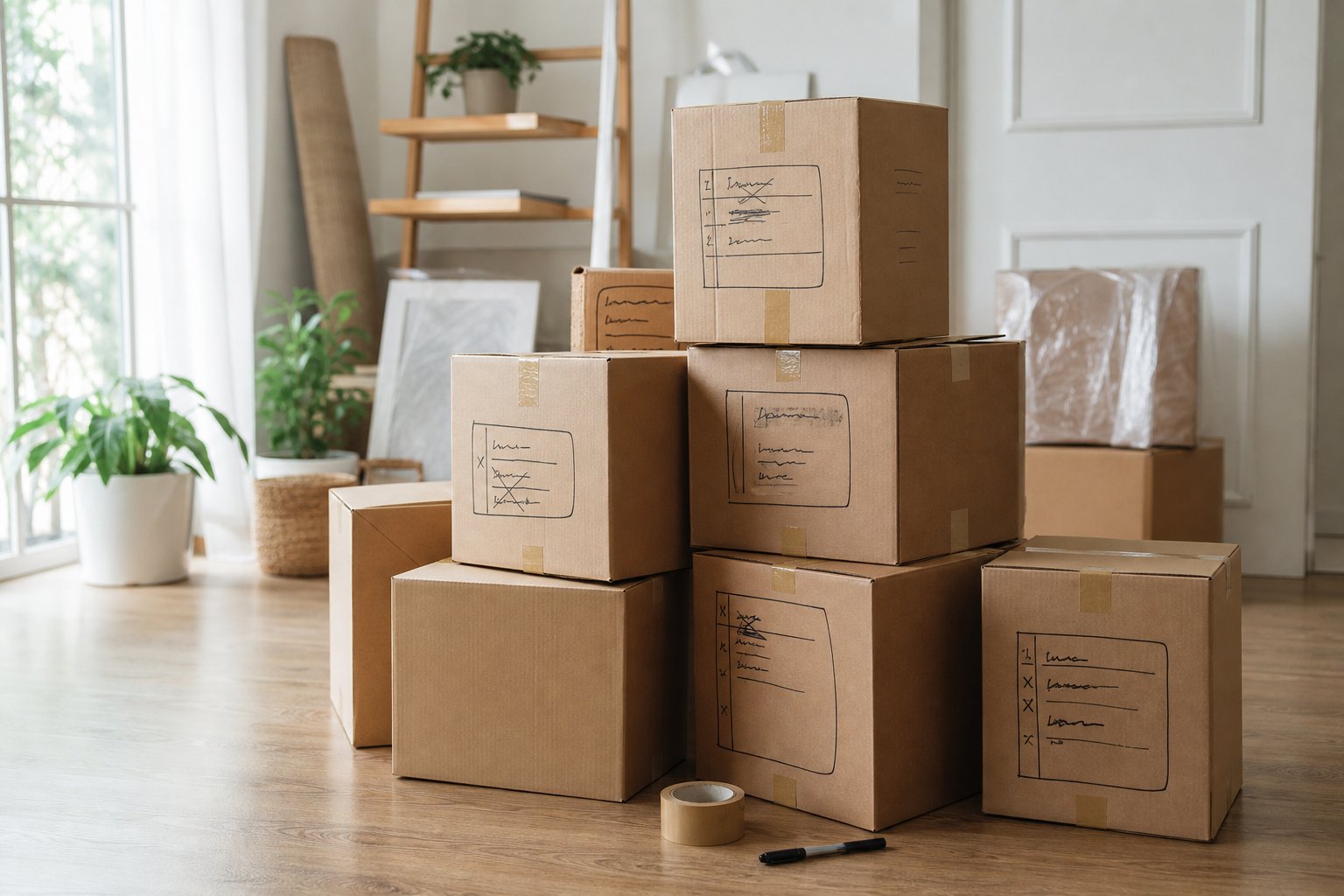 Clearly marked moving boxes stacked in a bright new home