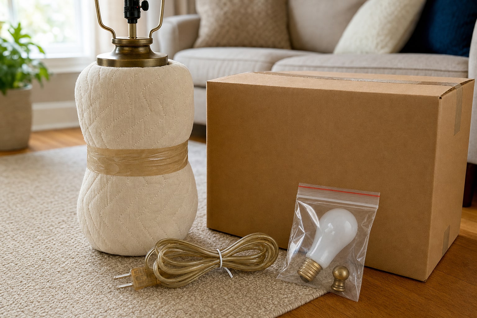 Lamp cord, bulb and finial kept together beside a padded lamp base