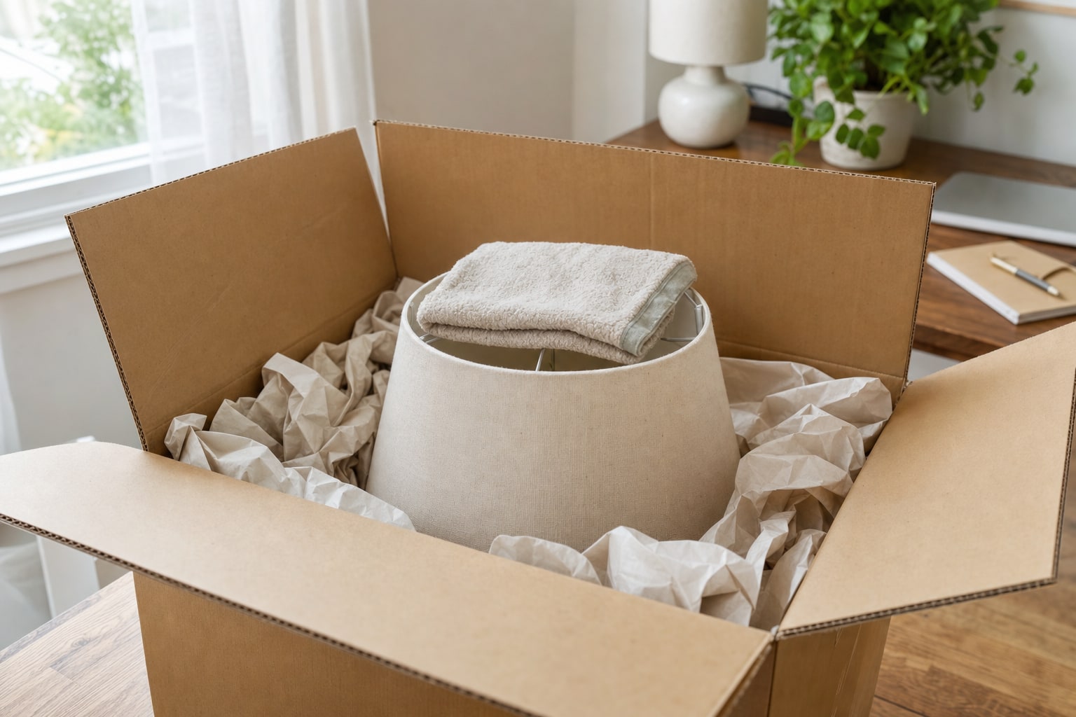 Fabric lampshade packed upright in a padded moving box