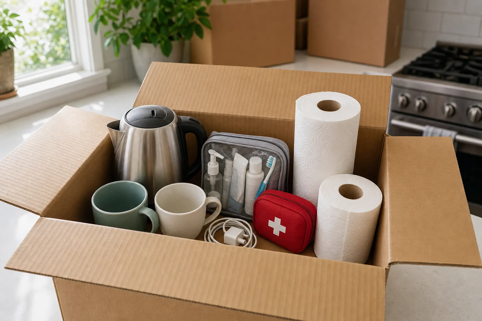Moving essentials box with toiletries, mugs, kettle, charger, first-aid kit and paper towels