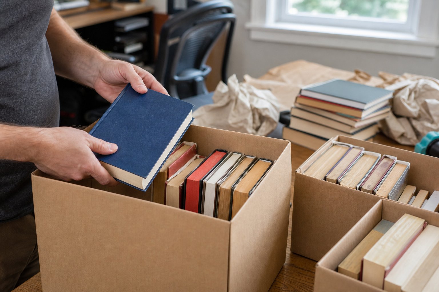 Books being packed into small moving boxes in a home office