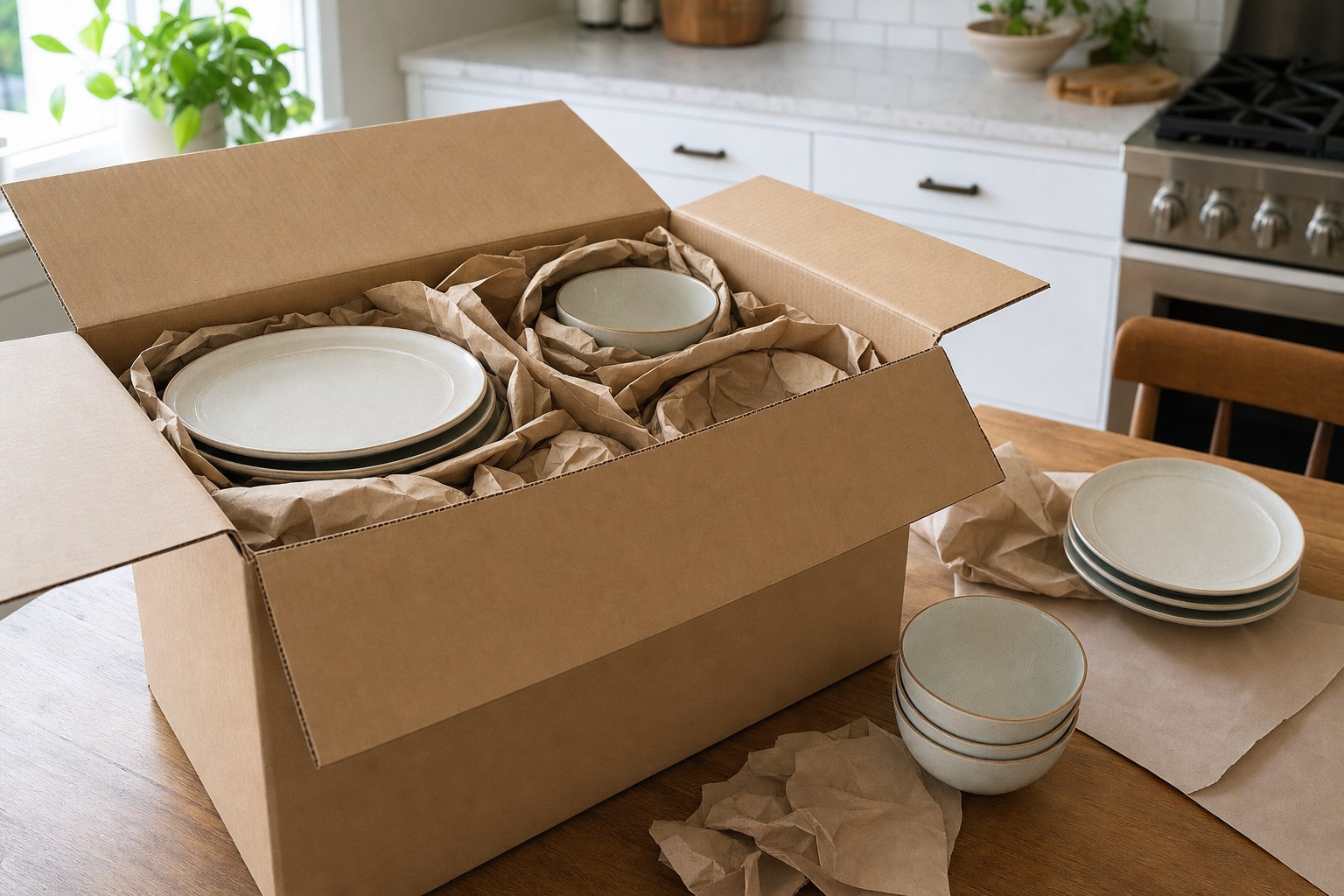 Ceramic dishes cushioned with packing paper in a moving box on a kitchen table