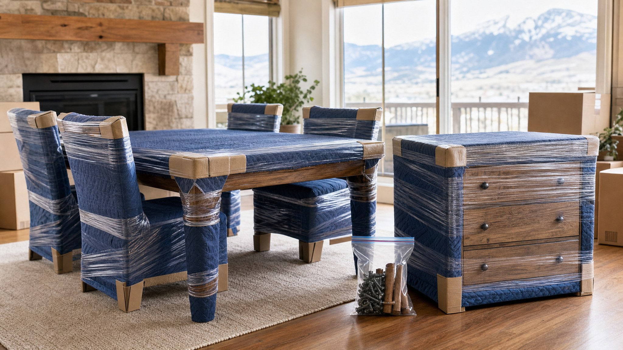 Dining table, chairs and dresser protected with moving blankets and corner guards before a move