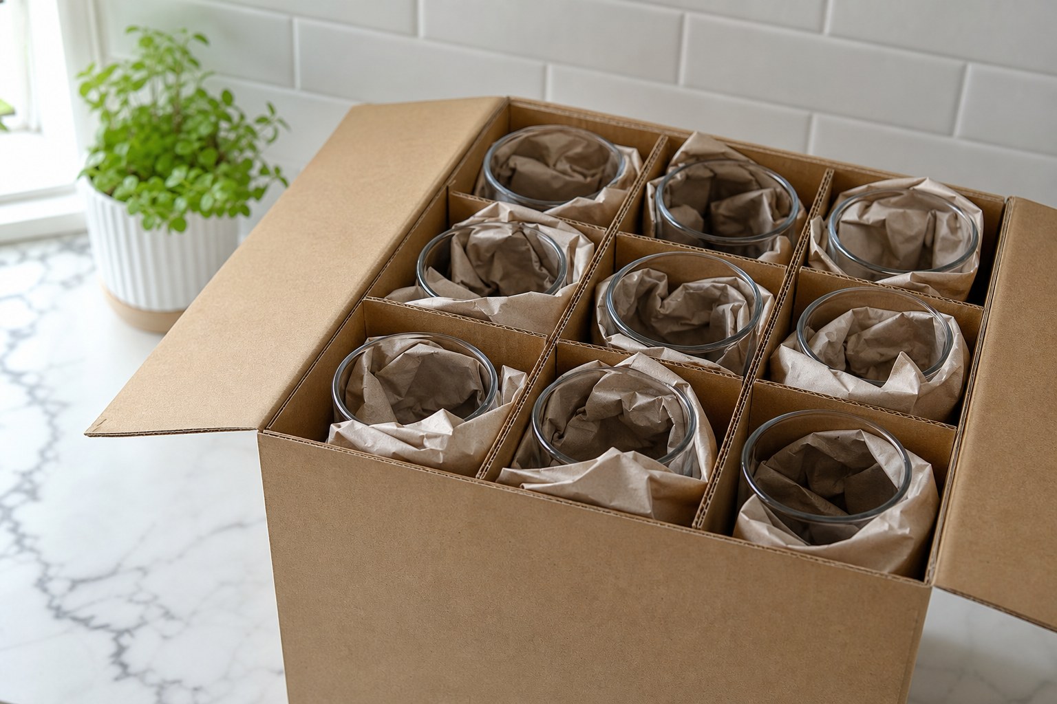 Individually wrapped drinking glasses packed in a divided cardboard moving box