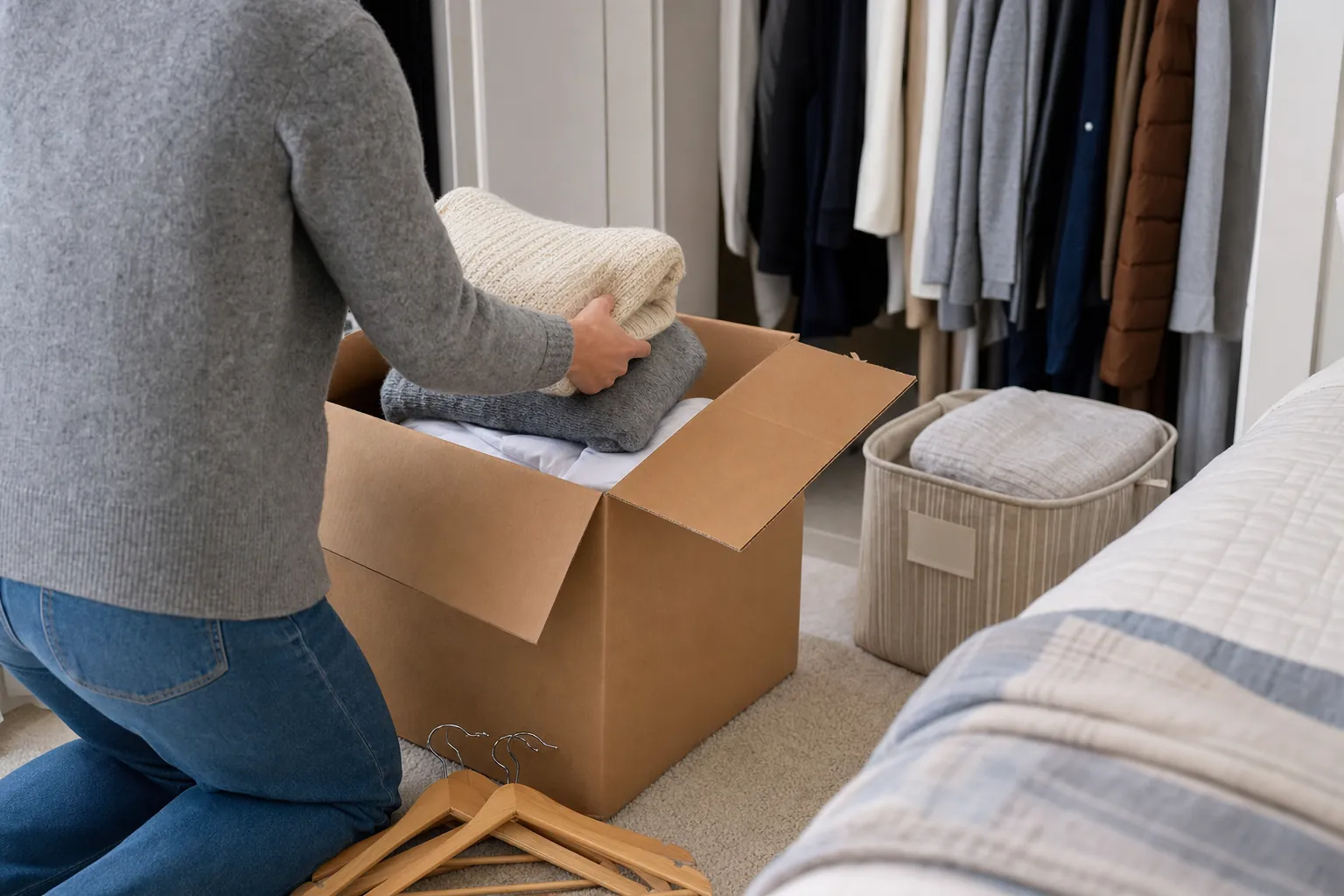 Person packing folded off-season clothing into a moving box beside an open closet